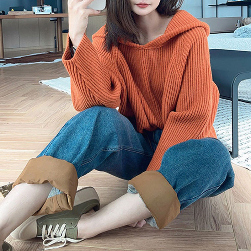 Damen lässiger Strickpullover mit Kapuze und weit geschnittenen Ärmeln R&B
