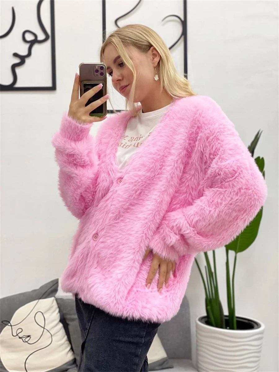 Damen gemütlicher Strickcardigan mit weichem Flauschmaterial und modischem Knopfdetail R&B
