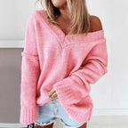 Damen Off-Shoulder Strickpullover mit weitem Schnitt und Rippenden
