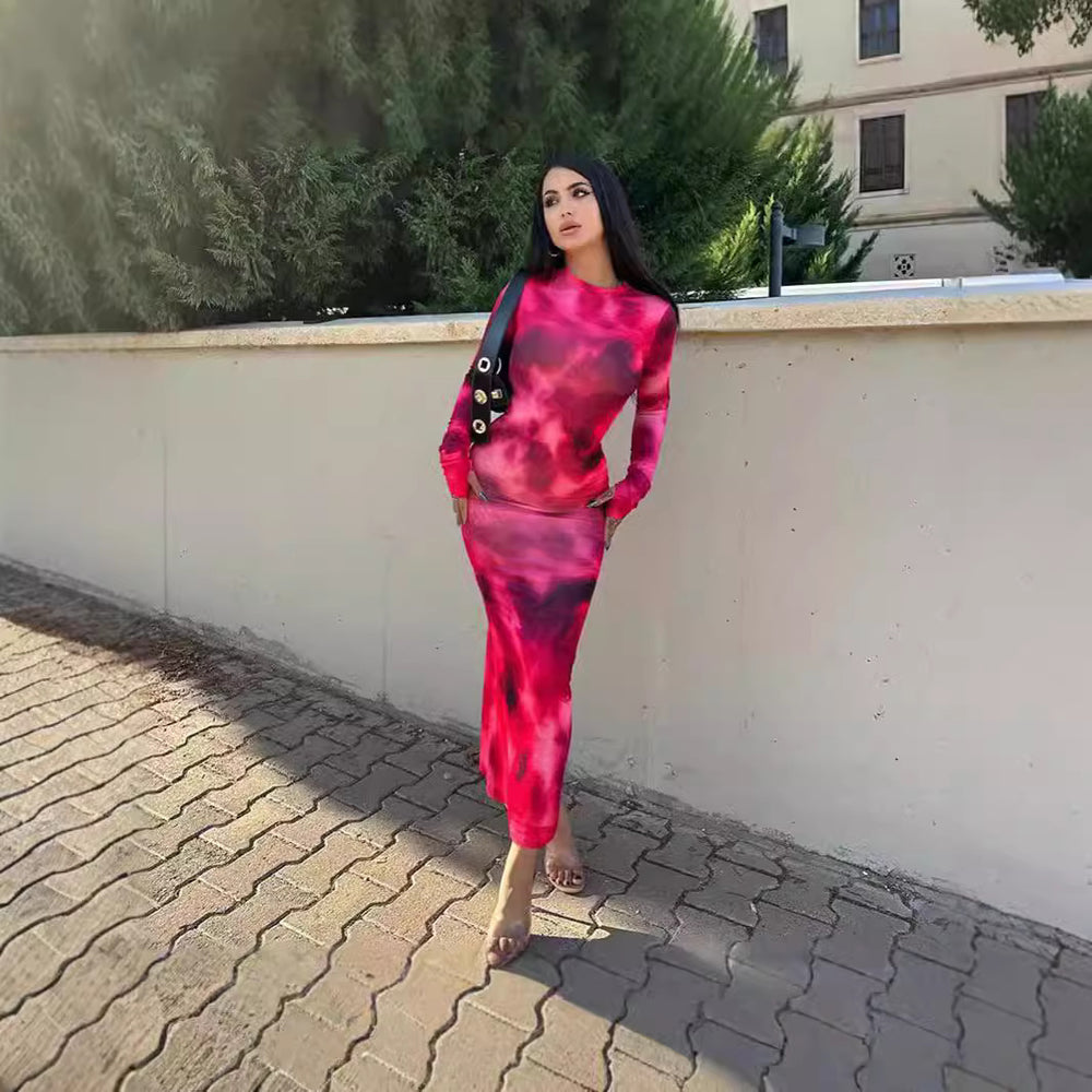 Damen figurbetontes Maxikleid mit langem Arm und modernem Batikmuster R&B