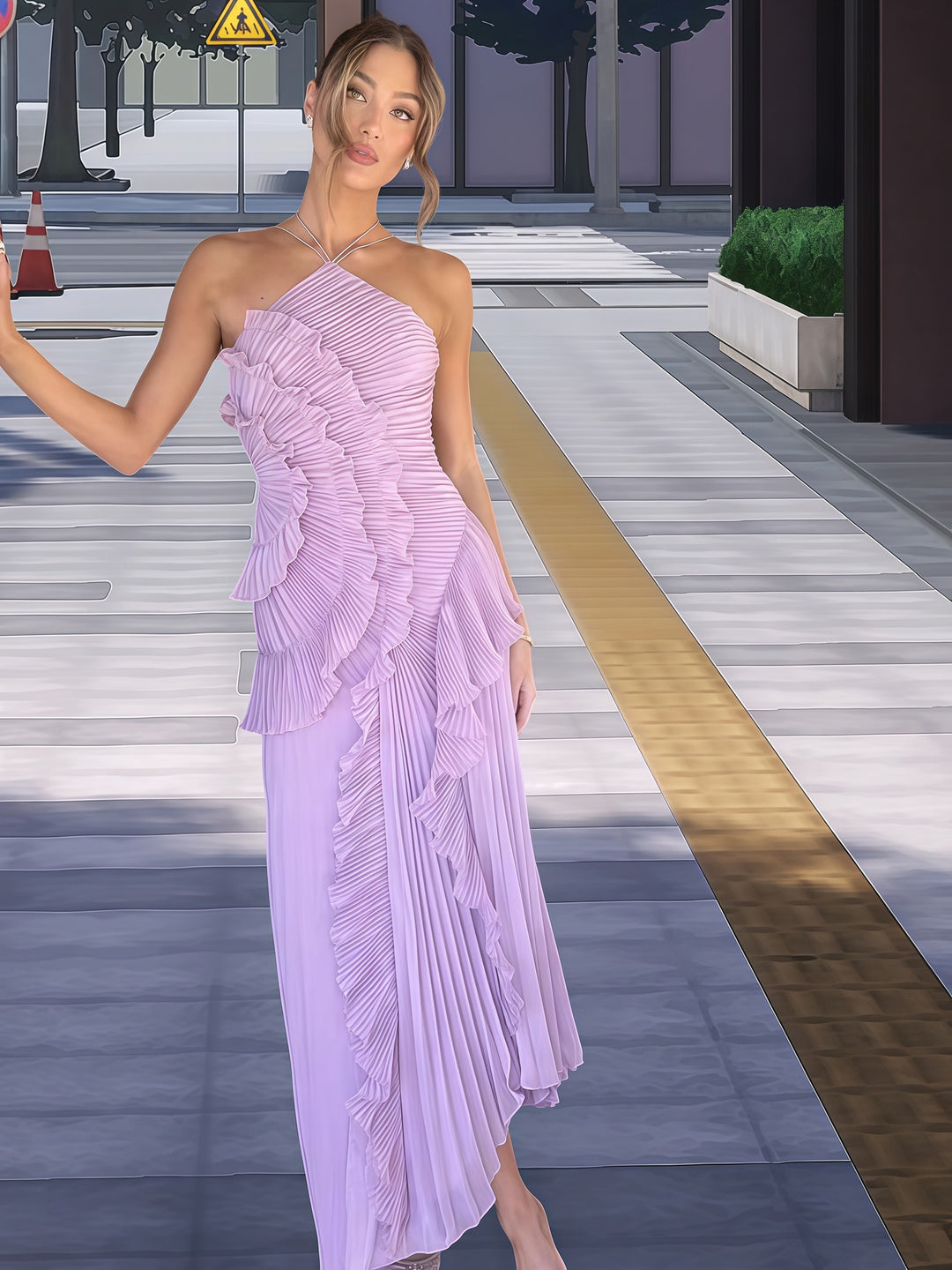 Damen Elegantes Wickelkleid mit fließendem Faltenrock und asymmetrischen Rüschendetails R&B