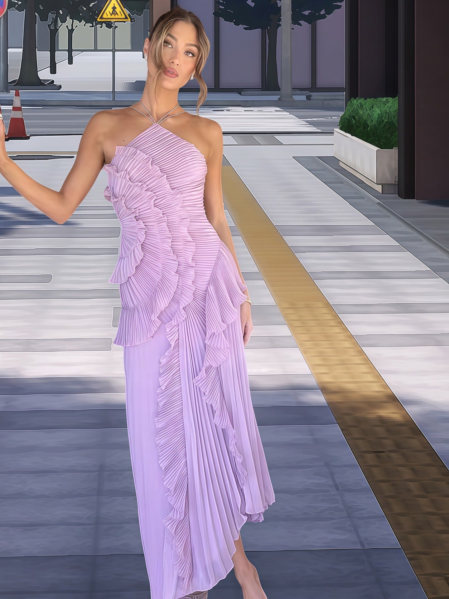 Damen Elegantes Wickelkleid mit fließendem Faltenrock und asymmetrischen Rüschendetails EB