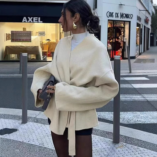 Damen elegante Wickeljacke mit Gürtel R&B