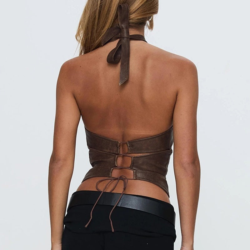 Damen Oberteil aus hochwertigem Kunstleder mit raffiniertem Halter-Design R&B