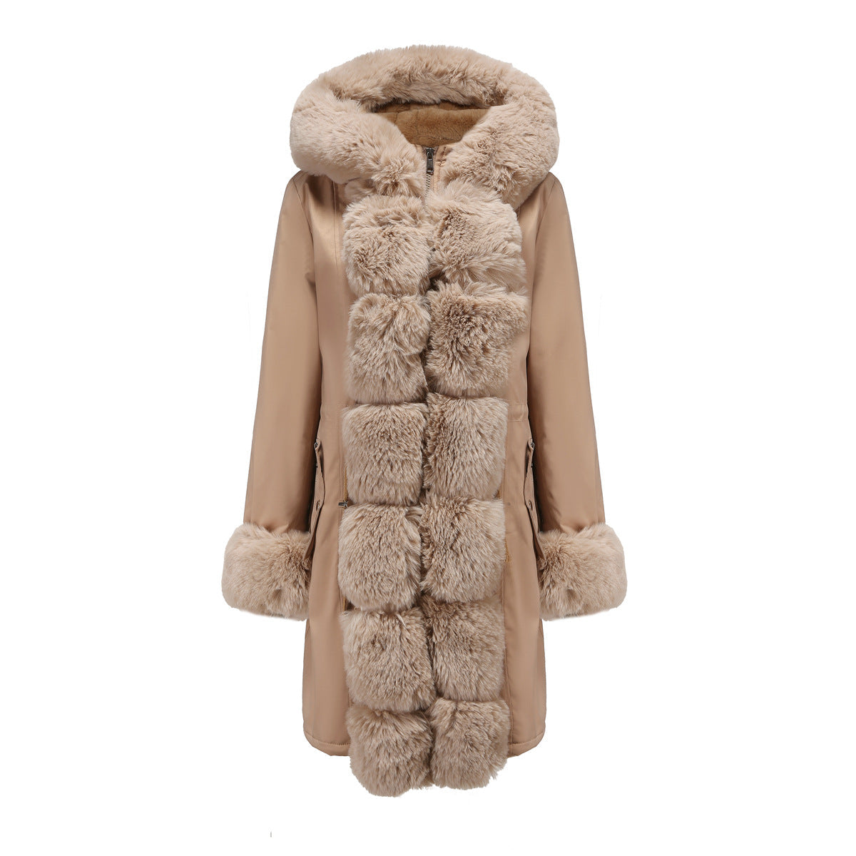 Damen modische Lange Jacke mit Kunstfellbesatz