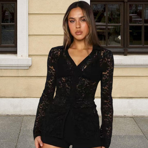 Damen Elegantes Spitzenoberteil mit langen Ärmeln und tailliertem Schnitt R&B