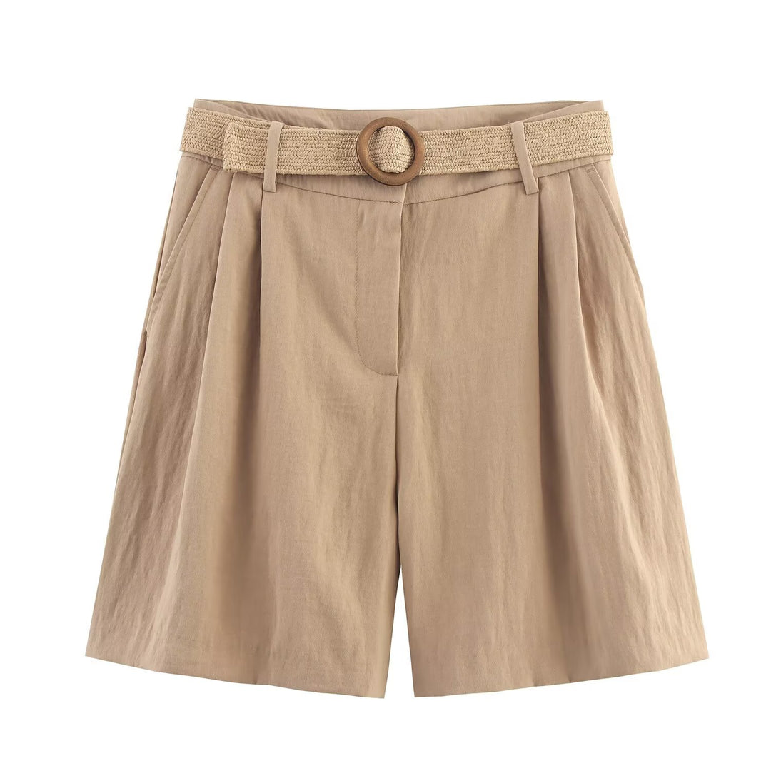 Damen elegante Shorts mit breitem, geflochtenem Gürtel R&B