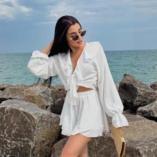 Damen verspieltes Sommerkleid mit Rüschen und tiefem V-Ausschnitt R&B