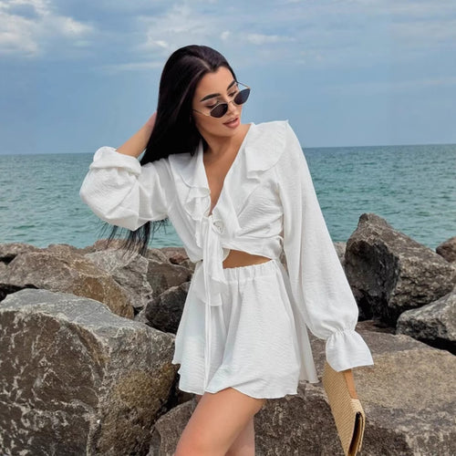 Damen verspieltes Sommerkleid mit Rüschen und tiefem V-Ausschnitt R&B