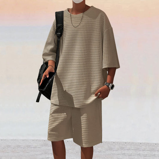 Herren nan quadratstruktur Freizeitset mit oversized Rundhalsshirt und knielangen Relax-Shorts R&B
