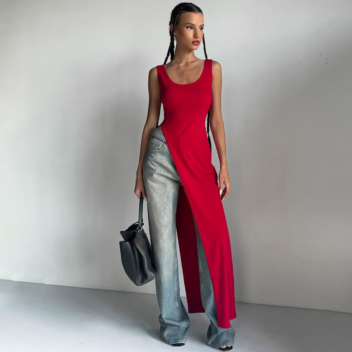 Damen Langarm Maxikleid mit hohem Schlitz R&B