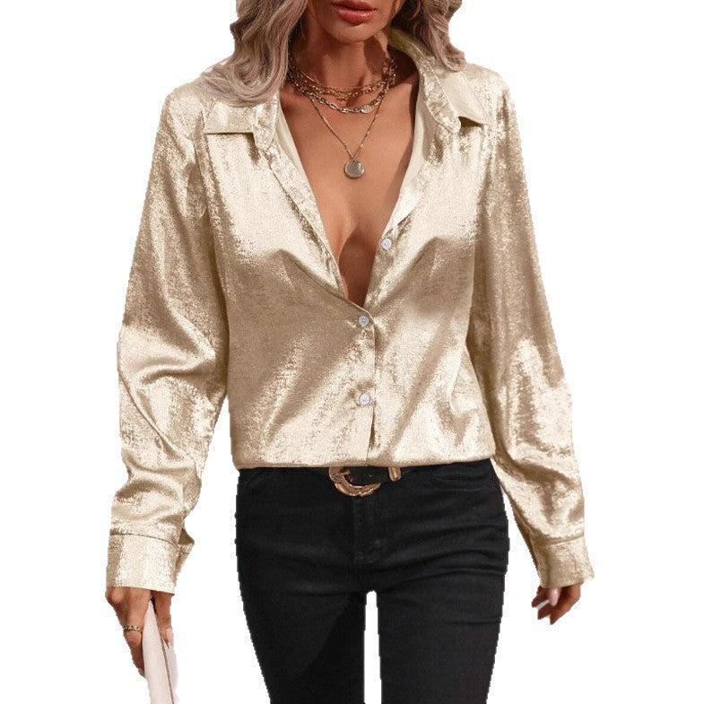 Damen elegante Bluse im metallischen Glanzfinish mit langen Ärmeln R&B