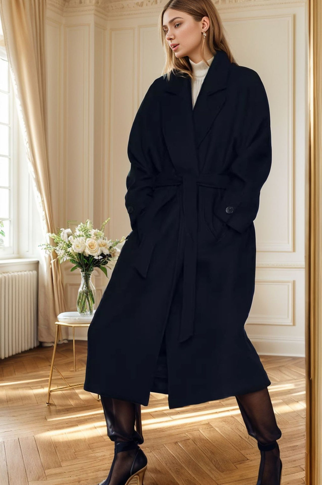 Damen eleganter Übermantel mit weitem Schnitt und Gürtel R&B