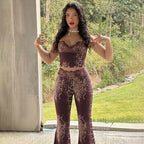 Damen Erotik Jumpsuit mit Leopardenmuster und spitzen Trägern R&B