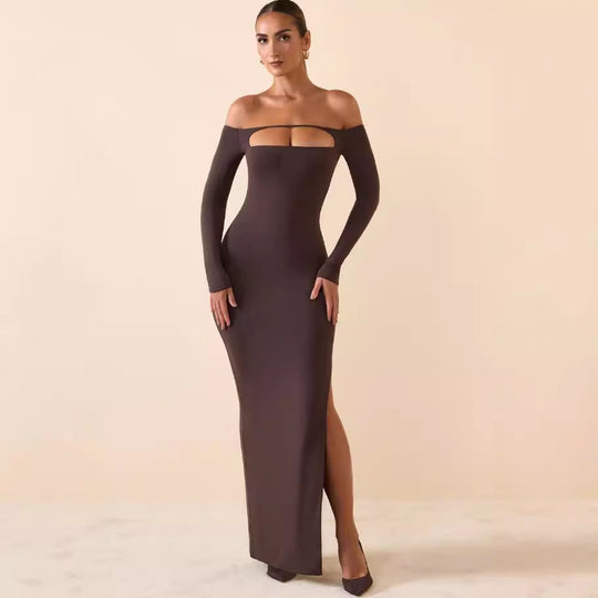 Damen figurbetontes Abendkleid mit Schulterfreischnitt R&B