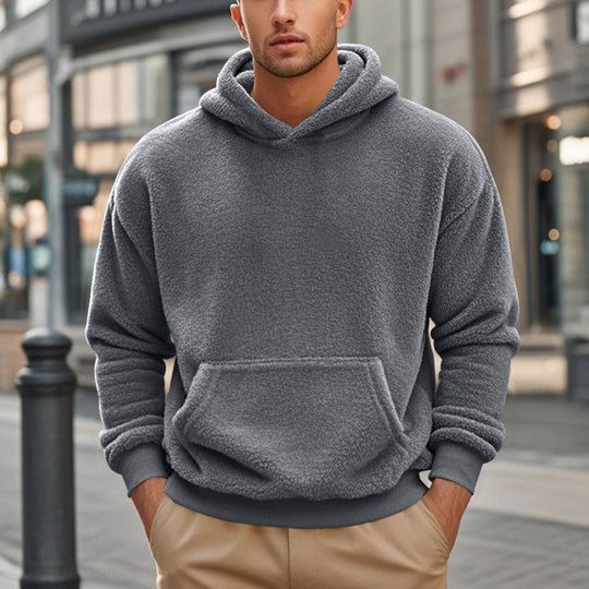 Herren Hoodie aus kuscheligem Teddy-Fleece mit Kängurutasche und breiten Bündchen R&B
