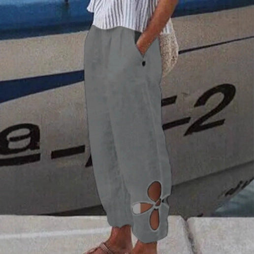 Damen nan knöchellange Culottehose mit elastischem Bund, Eingrifftaschen und floraler Saumaussparung R&B