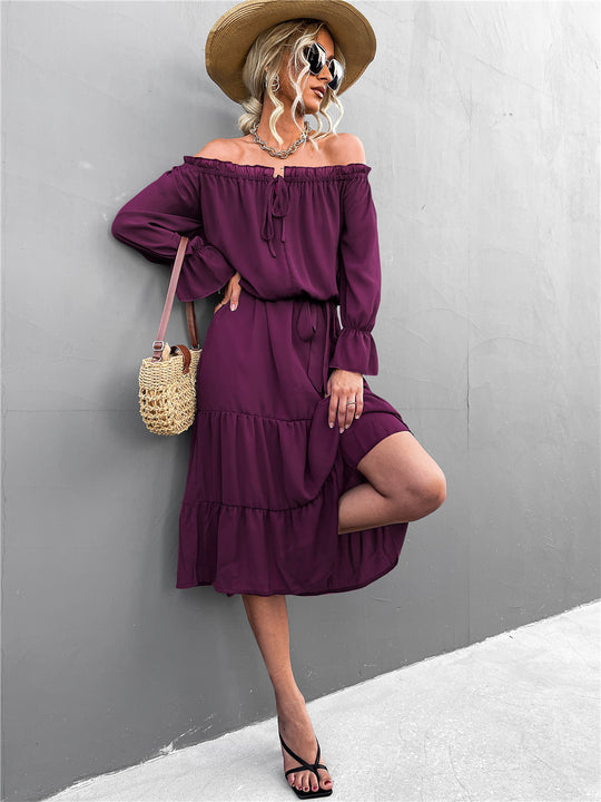 Damen lässiges Off-Shoulder Kleid mit Rüschensaum und Taillengürtel R&B
