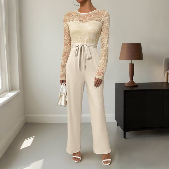 Damen Eleganter Jumpsuit mit Spitzenoberteil und tailliertem Bund R&B