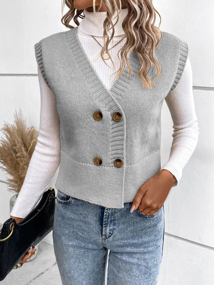 Damen Strickweste mit doppelter Knopfleiste und stylischem V-Ausschnitt R&B