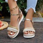 Damen Wedge-Sandaletten mit geflochtenem Riemendesign und modischem Metallakzent R&B