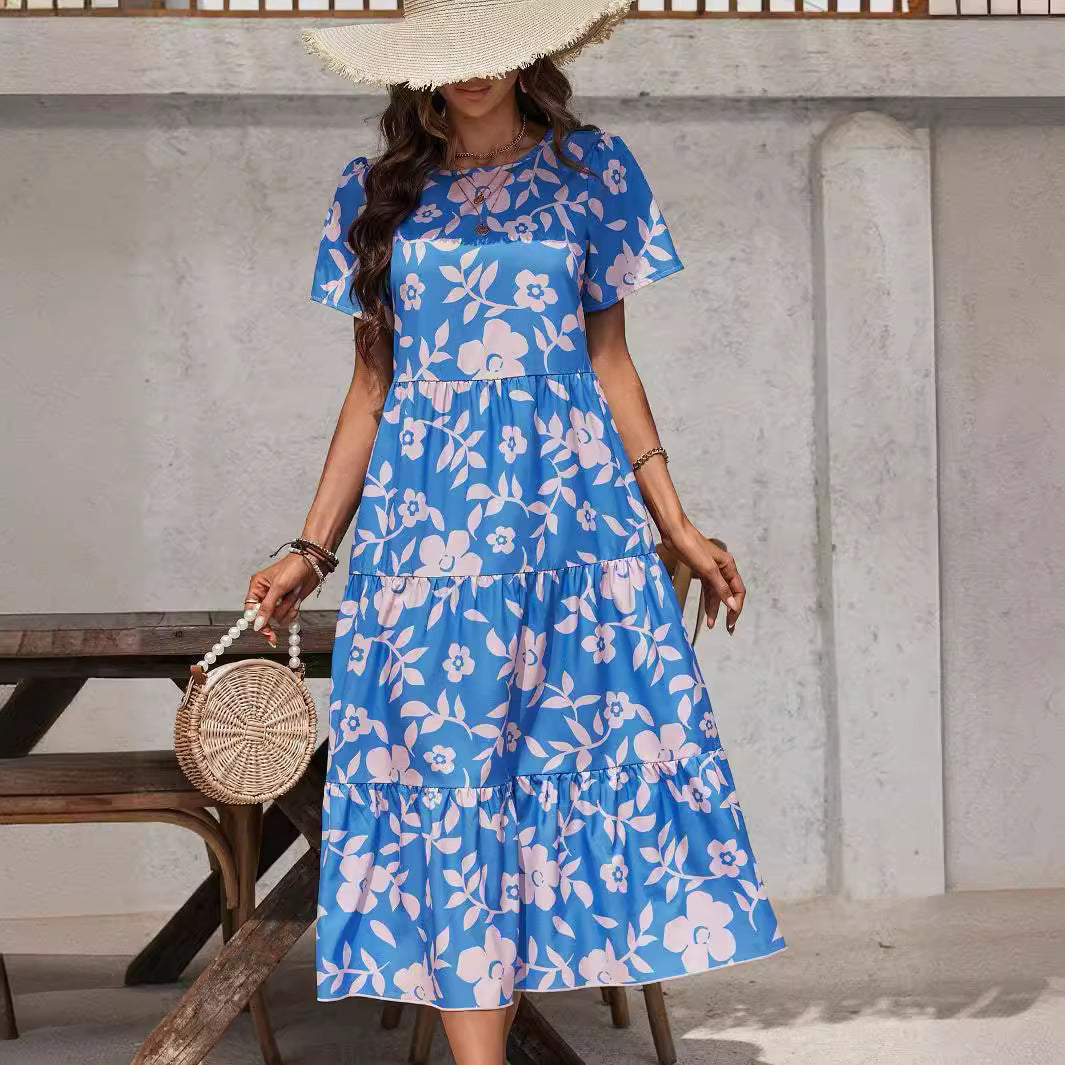 Damen nan luftiges Stufenmidikleid mit hoher Taillennaht, kurzem Ärmel und durchgehendem Blumenmuster R&B