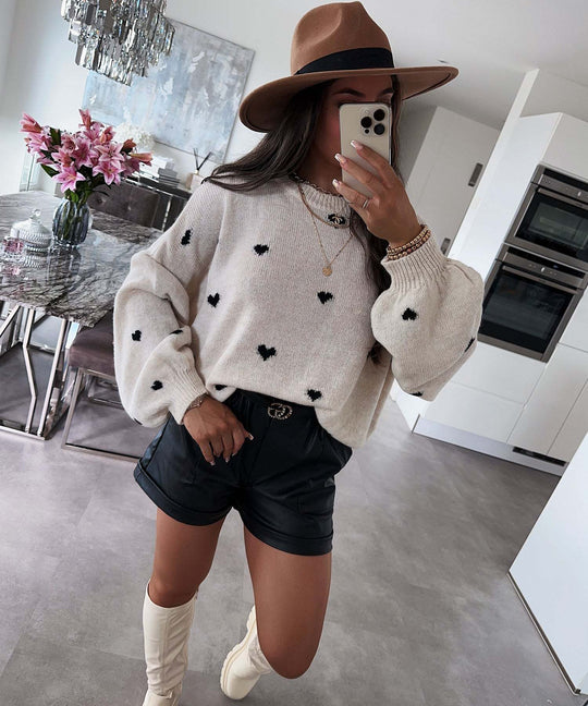 Damen lässiger Strickpullover mit herzförmigen Mustern und angeschnittenen Ärmeln R&B