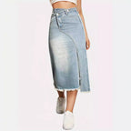 Damen Jeansrock mit seitlichem Schlitz und fransigem Saum R&B