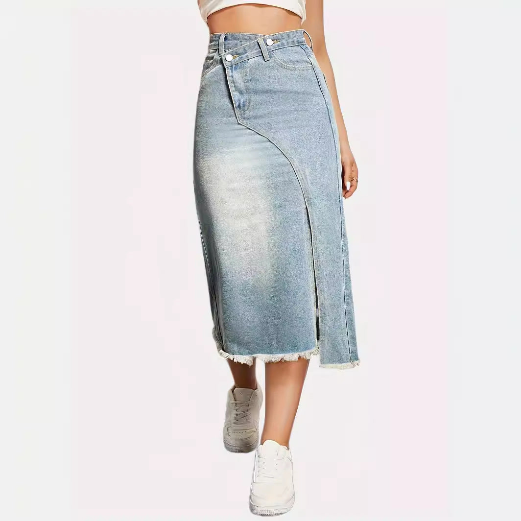 Damen Jeansrock mit seitlichem Schlitz und fransigem Saum R&B