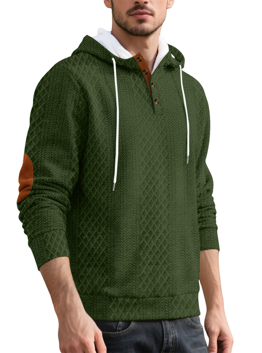 Herren nan Diamond-Struktur Kapuzenpullover mit Kurzknopfleiste, gesteppter Kapuzeninnenkante und Wildleder-Ellbogenpatch R&B