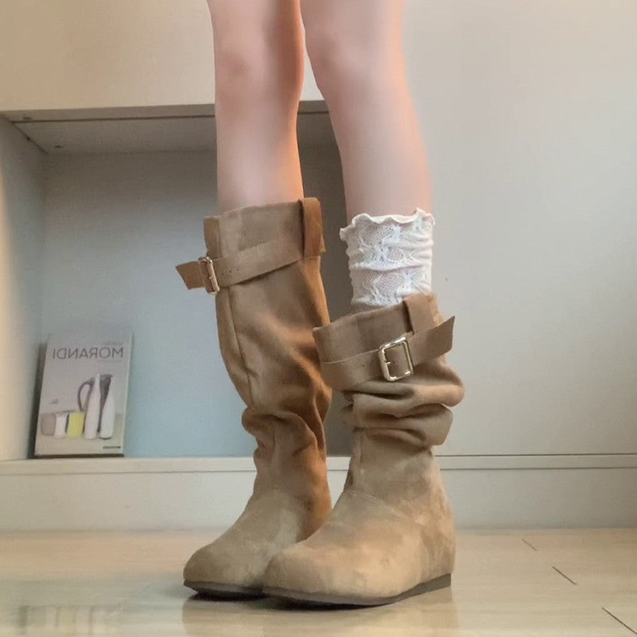 Damen Elegante und lässige Winterstiefel mit modischem Falten-Design und praktischer Schnalle R&B