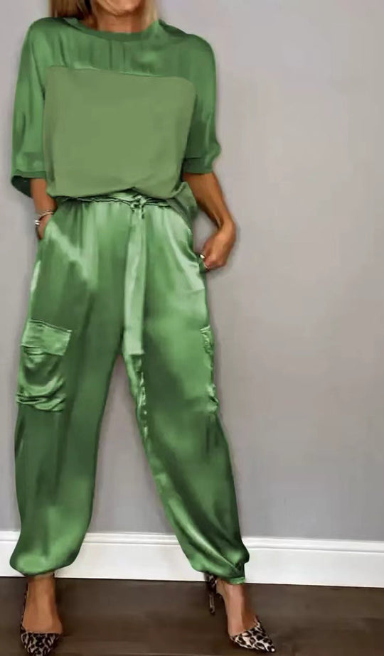 R&B | Solide Farbe glatt Satin Top zweiteilige Set für Frauen