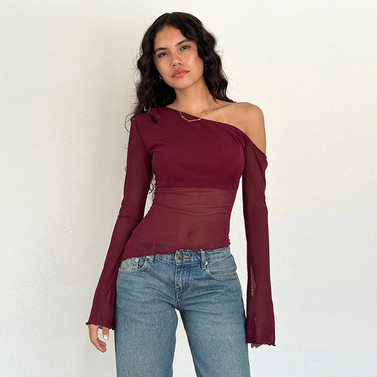 Damen asymmetrisches Langarmshirt mit transparenten Ärmeln und figurbetonter Silhouette R&B