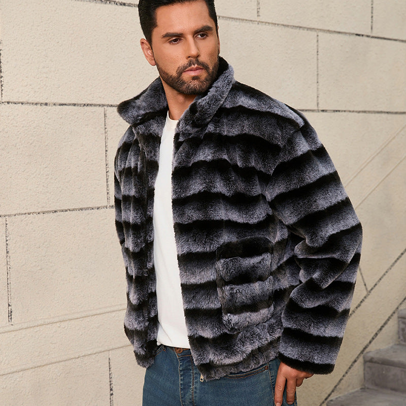 Herren Modische Kunstpelzjacke mit gestreiftem Design R&B