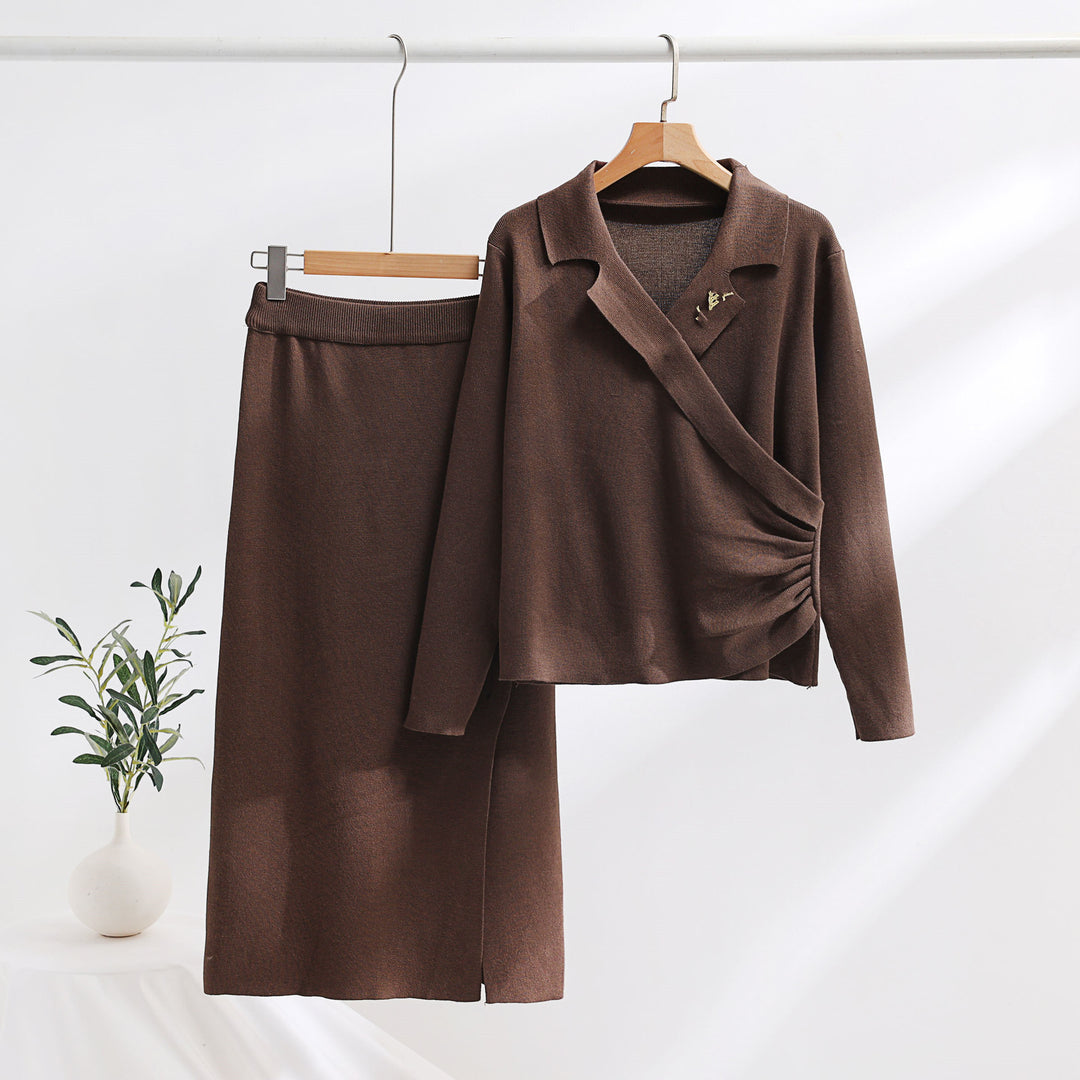 Damen elegantes Strickensemble mit Wickeloberteil und raffinierter hoher Taillierung R&B