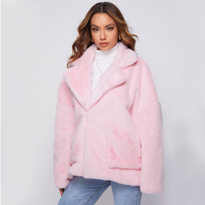 Damen Flauschige und stylische Freizeitjacke mit tiefem Reverskragen R&B