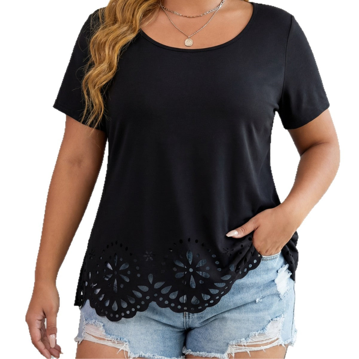 Damen modisches T-Shirt mit floralen Lochdetails R&B