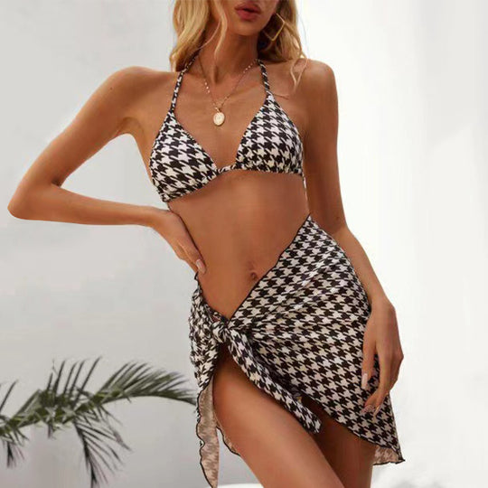 Damen Bikini-Set mit modernem Hahnentrittmuster und schickem Wickelrock R&B