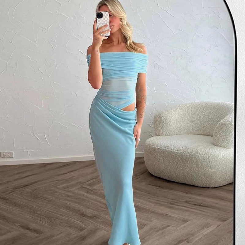 Damen elegantes Off-Shoulder Maxikleid mit figurformendem Wickeldesign R&B