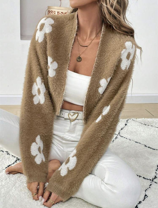 Damen Flauschiger Cardigan mit Blumenmuster R&B