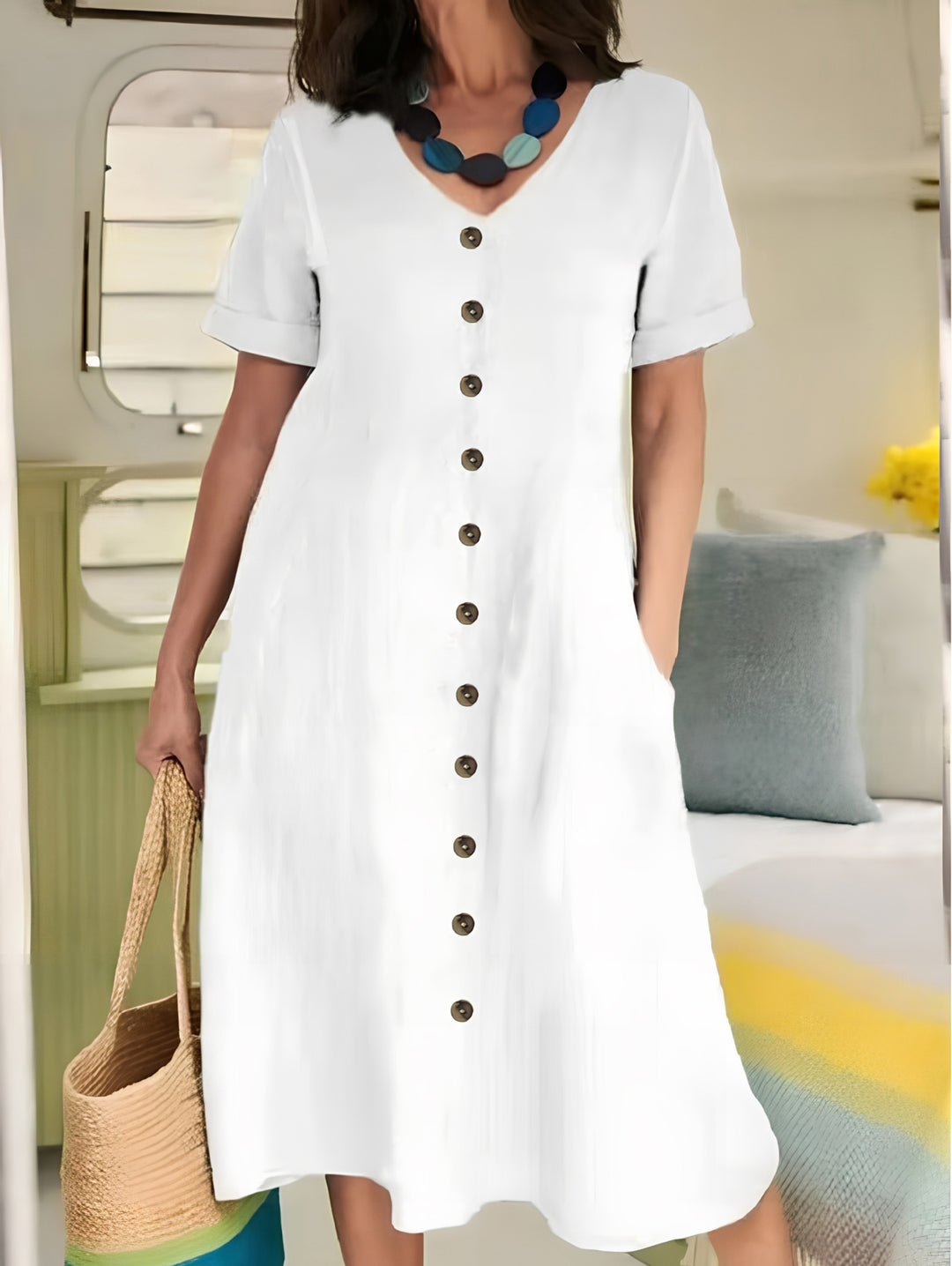 Damen Midikleid mit Knopfleiste und praktischen Taschen R&B