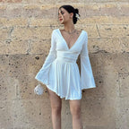 Damen elegantes Kleid mit tiefem V-Ausschnitt und langen Ärmeln R&B