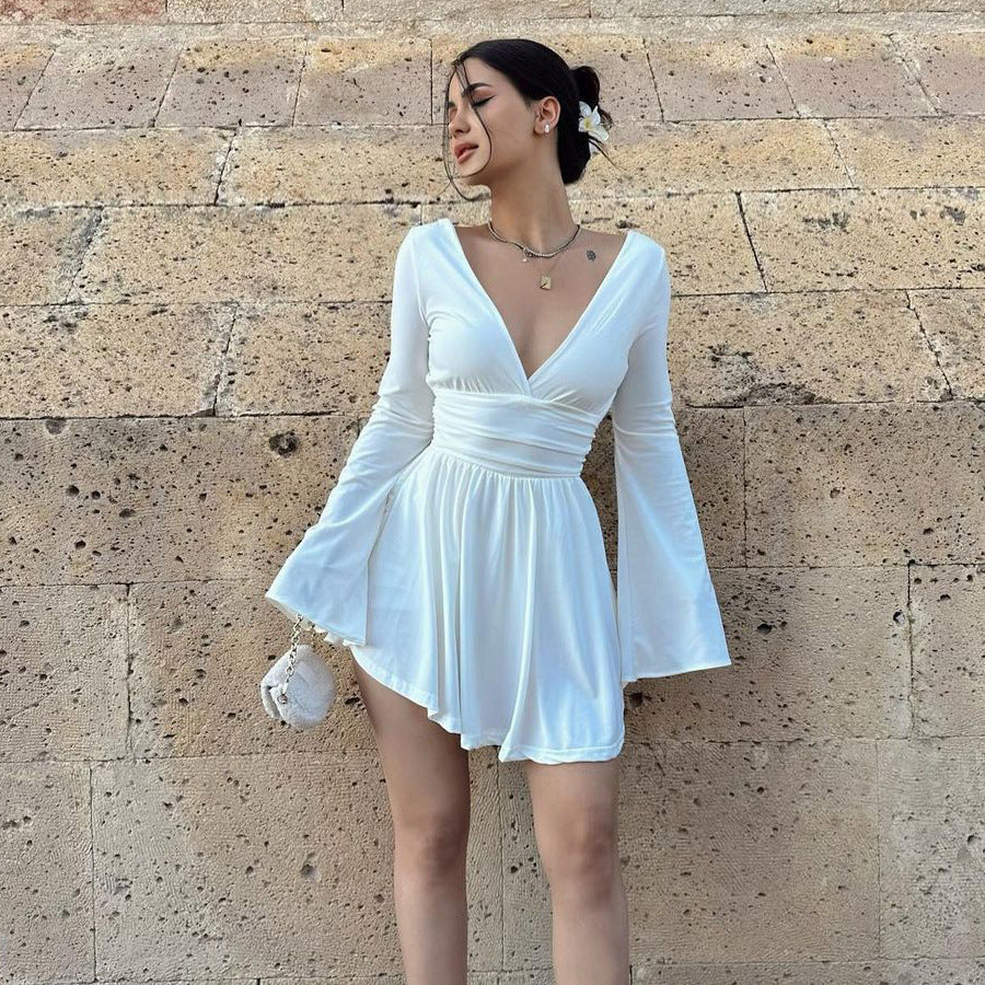Damen elegantes Kleid mit tiefem V-Ausschnitt und langen Ärmeln R&B