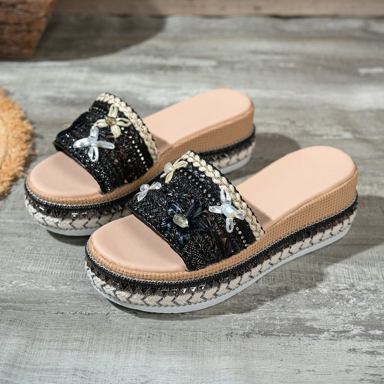 Damen Riemensandalen mit modischer Schmuckverzierung und Plateau-Rand R&B