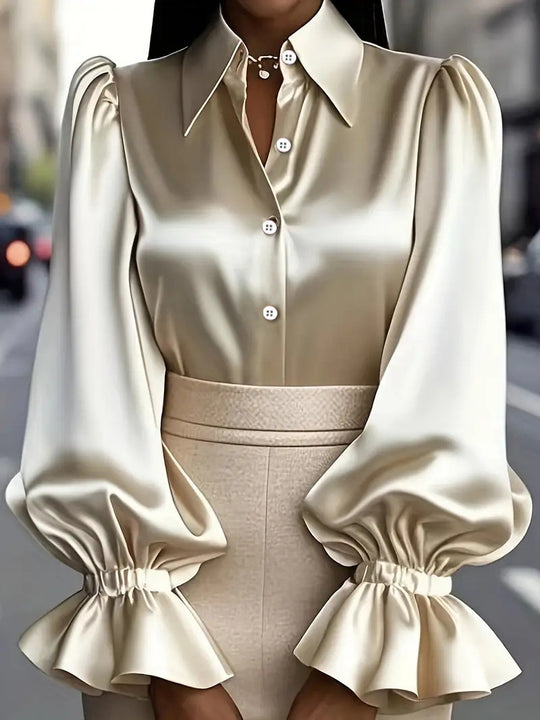 Damen elegante Seidenbluse mit Puffärmeln und schicker Knopfleiste R&B