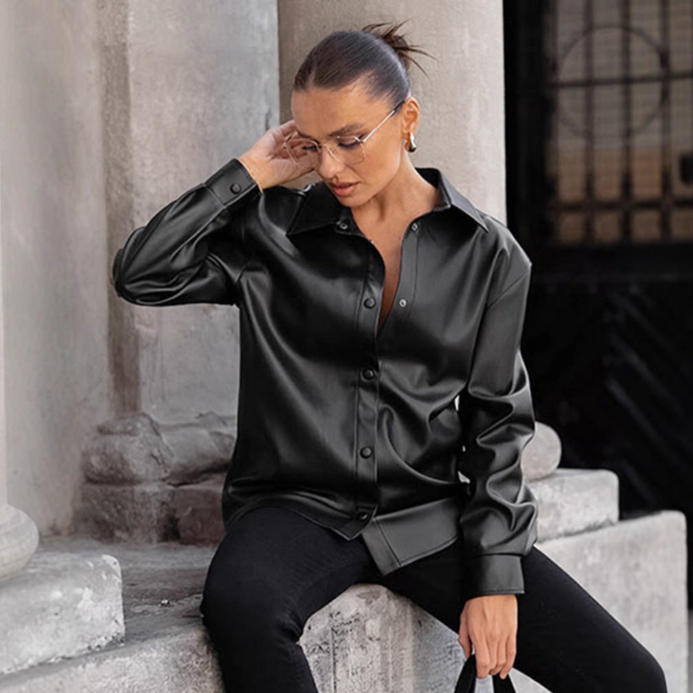 Damen Kunstleder Hemdbluse R&B