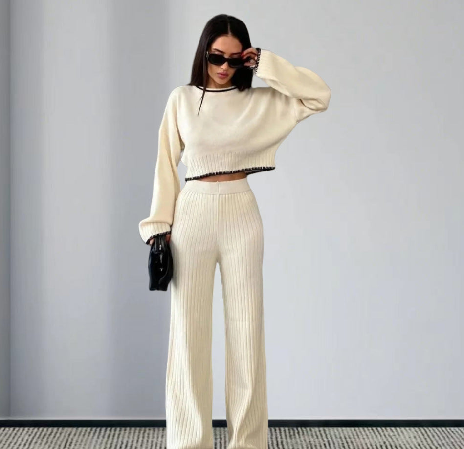 Damen elegantes Strickanzug mit weitem Bein und romantischen Ärmeln R&B