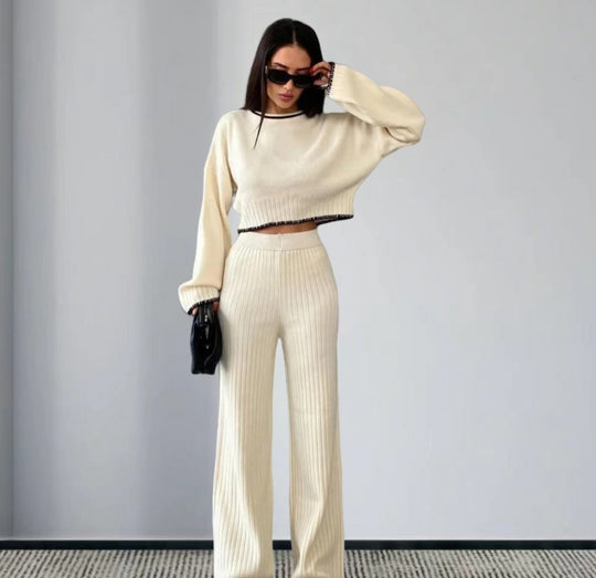 Damen elegantes Strickanzug mit weitem Bein und romantischen Ärmeln R&B