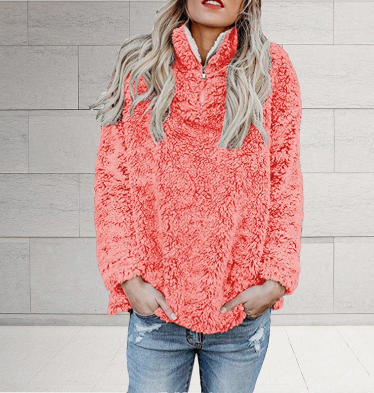 Damen Flauschige Fleece-Pulloverjacke mit hohem Kragen und Reißverschluss R&B