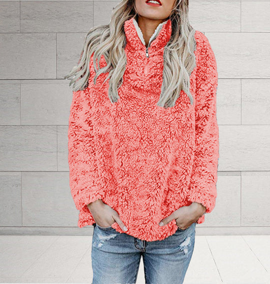 Damen Flauschige Fleece-Pulloverjacke mit hohem Kragen und Reißverschluss R&B